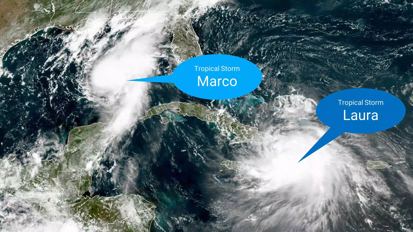 Twin Tropical Storms Marco and Laura in the Gulf of Mexico